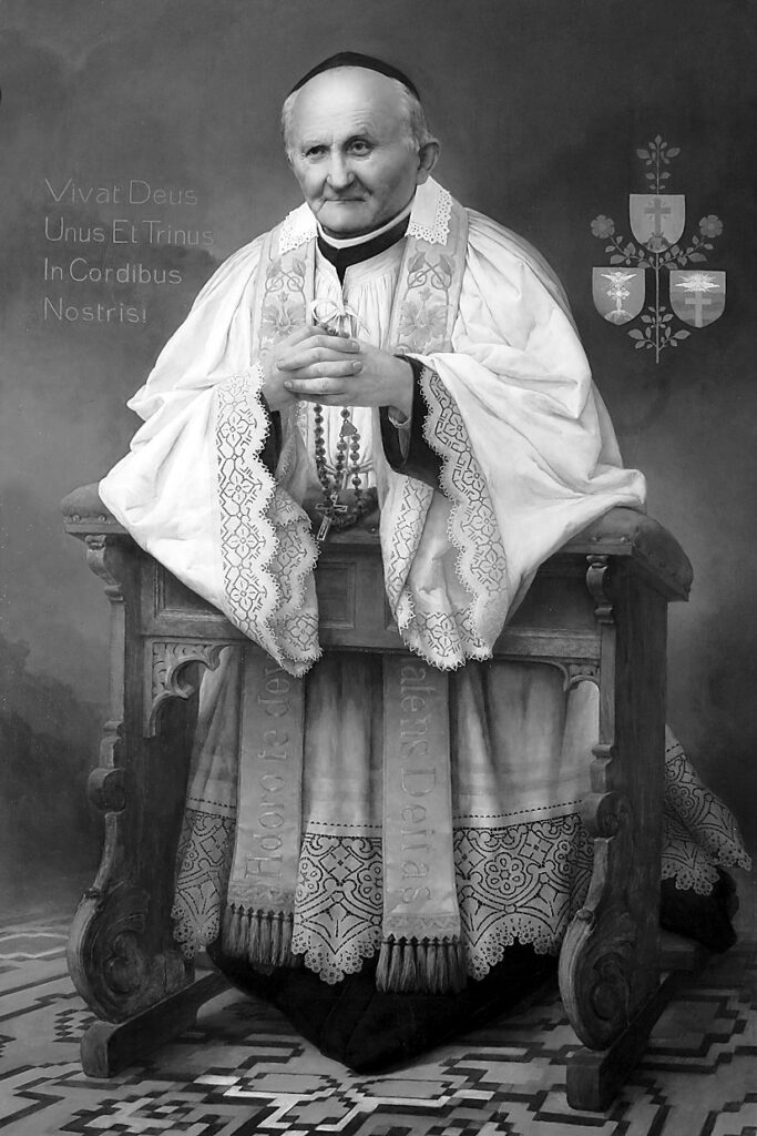 Painting of Arnold Janssen praying kneeling (black and white)
