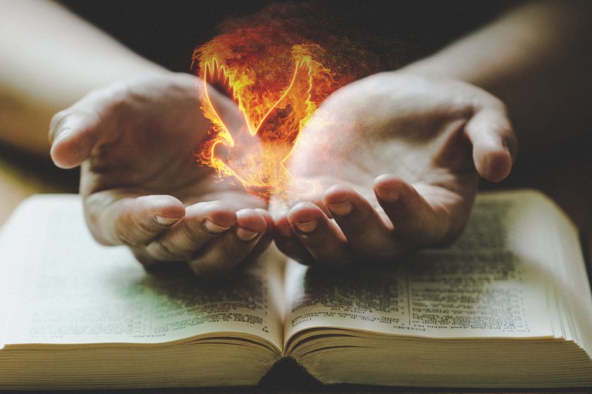 Bible, Hands with Flames of Fire